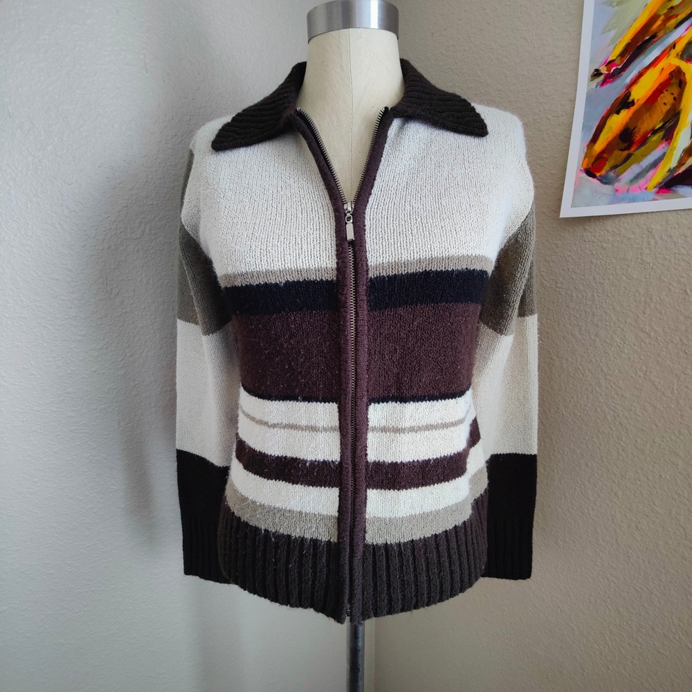 Y2K Express Striped Zip Up Sweater Jacket Brown Cream Retro Grunge Indie Small